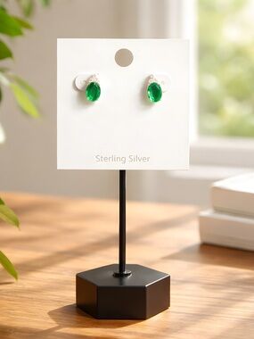 Sterling Silver Emerald Green Oval Stud Earrings